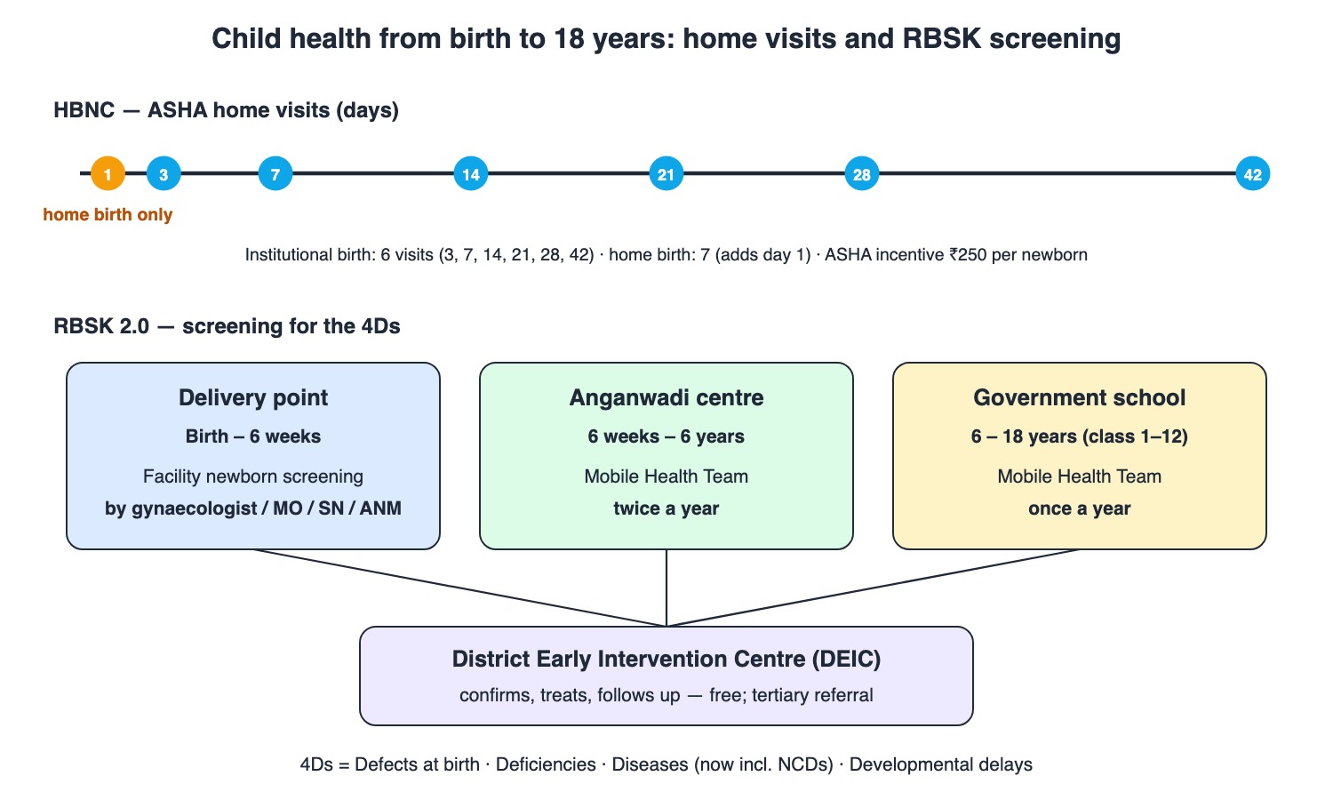 Child health continuum: HBNC home-visit days 1 to 42, then RBSK 2.0 screening at the delivery point, the Anganwadi centre twice a year and government schools once a year, all referring to the District Early Intervention Centre
